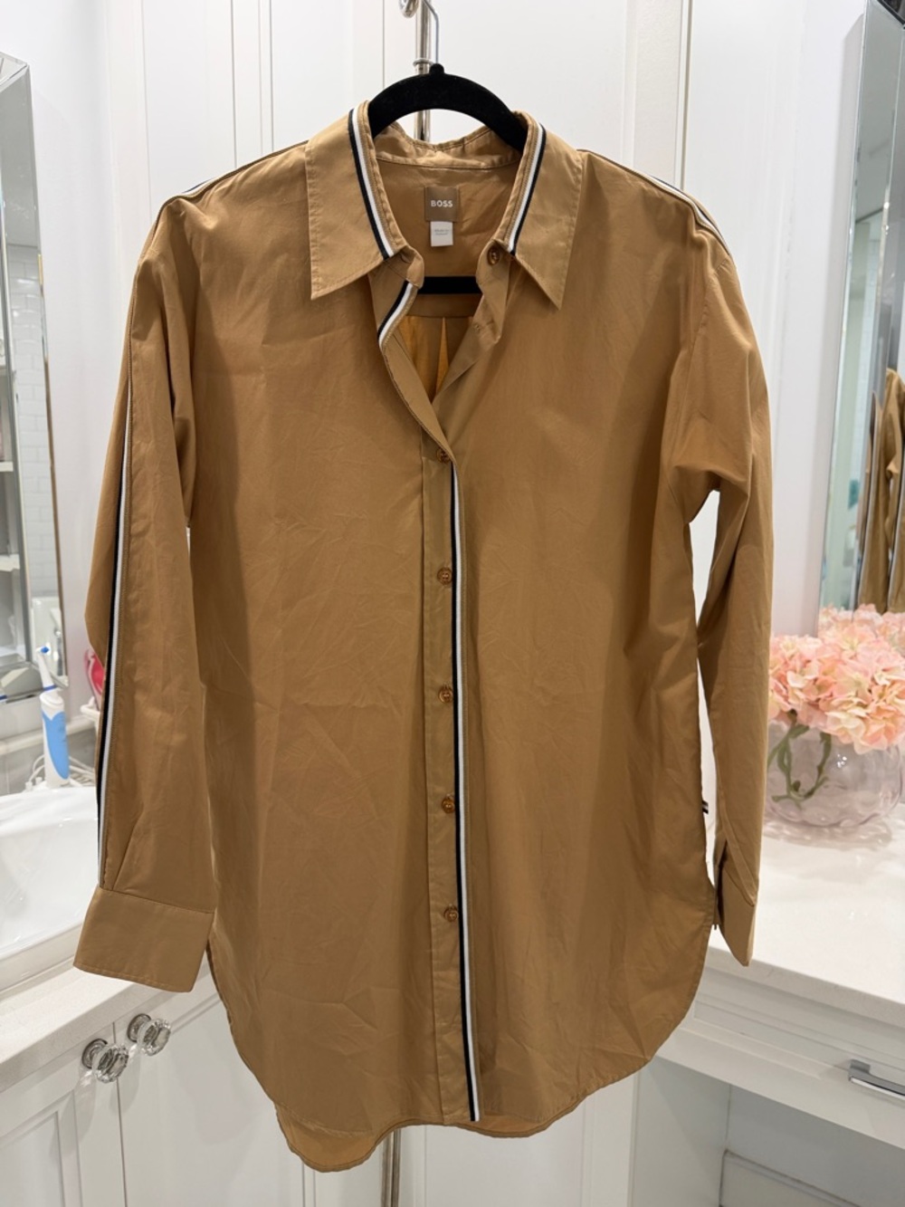 Boss Tan Button-Up Blouse with Contrast Trim